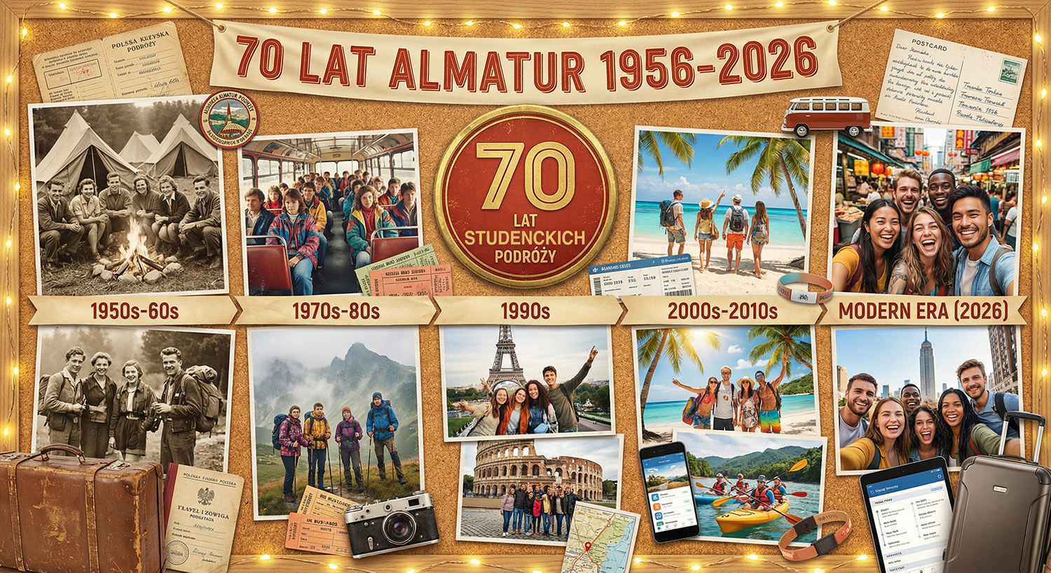 70 lat Almatur 1956–2026 — kolaż zdjęć z siedmiu dekad studenckich podróży