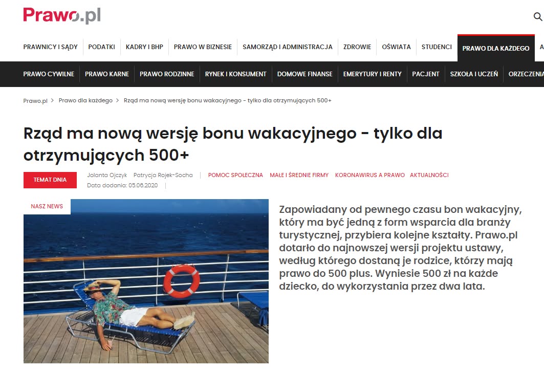 Prawo.pl cytuje Alina Dybaś szefową Turystyczna Organizacja Otwarta w temacie bonu "1000?500?plus