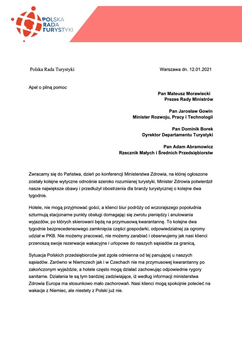 Apel z dnia dzisiejszego jaki wystosowaliśmy jako Polska Rada Turystyki my i wszystkie powiązane podmioty…