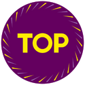 лилав кръг с жълт текст